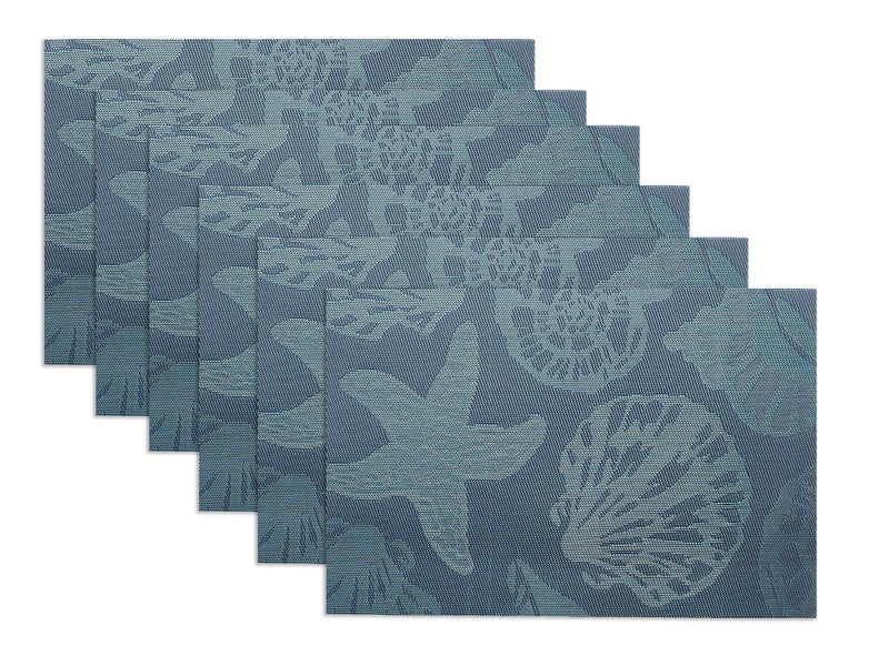 Doupoo Sea Place Mats Beach Theme, Heat Resistant Coastal Placemats for Dining Table Mats Set of 6 - Nautical Counterart Reversible Outdoor Placemats Starfish Seashell Conch - Image 1